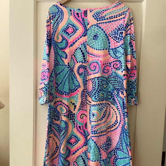 Lilly Pulitzer Edna Swing Dress Tile Wave Reduced Multi Asymmetrical Hem 3/4 Slv - Picture 3 of 13